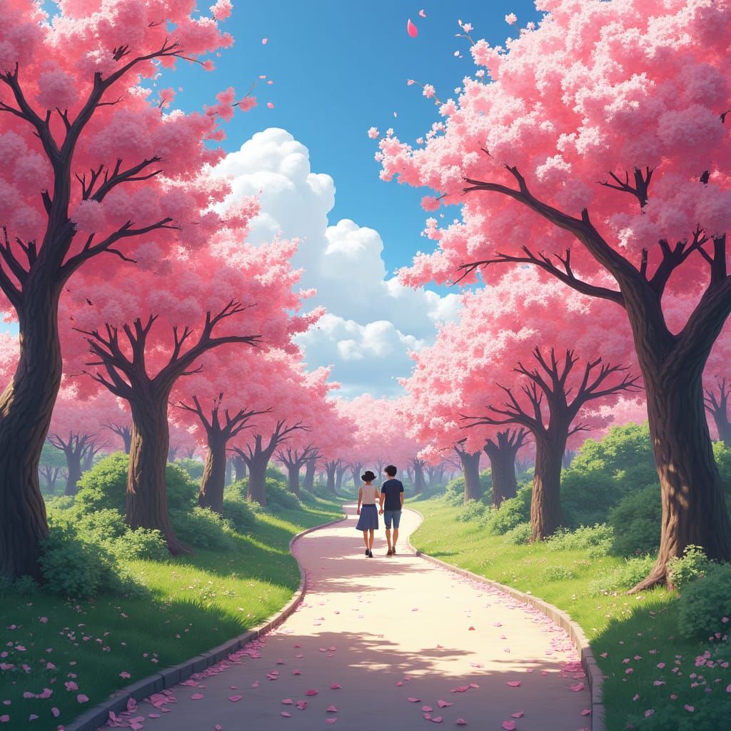 Spring Park with Sakura Trees: Fantasy Concept Art