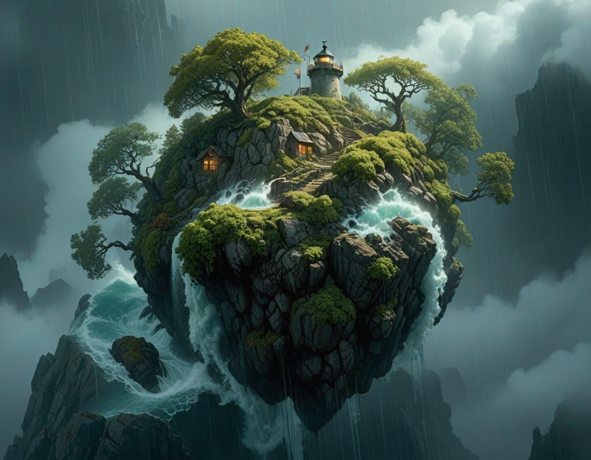 Ethereal Lighthouse Amidst Foggy Waves