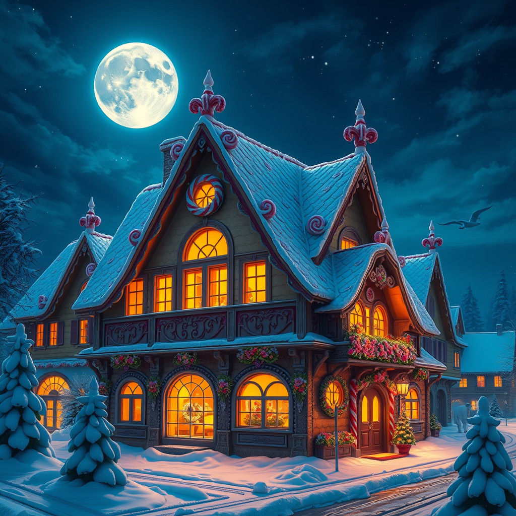 Intricate Gingerbread House in Stylized Matte Painting