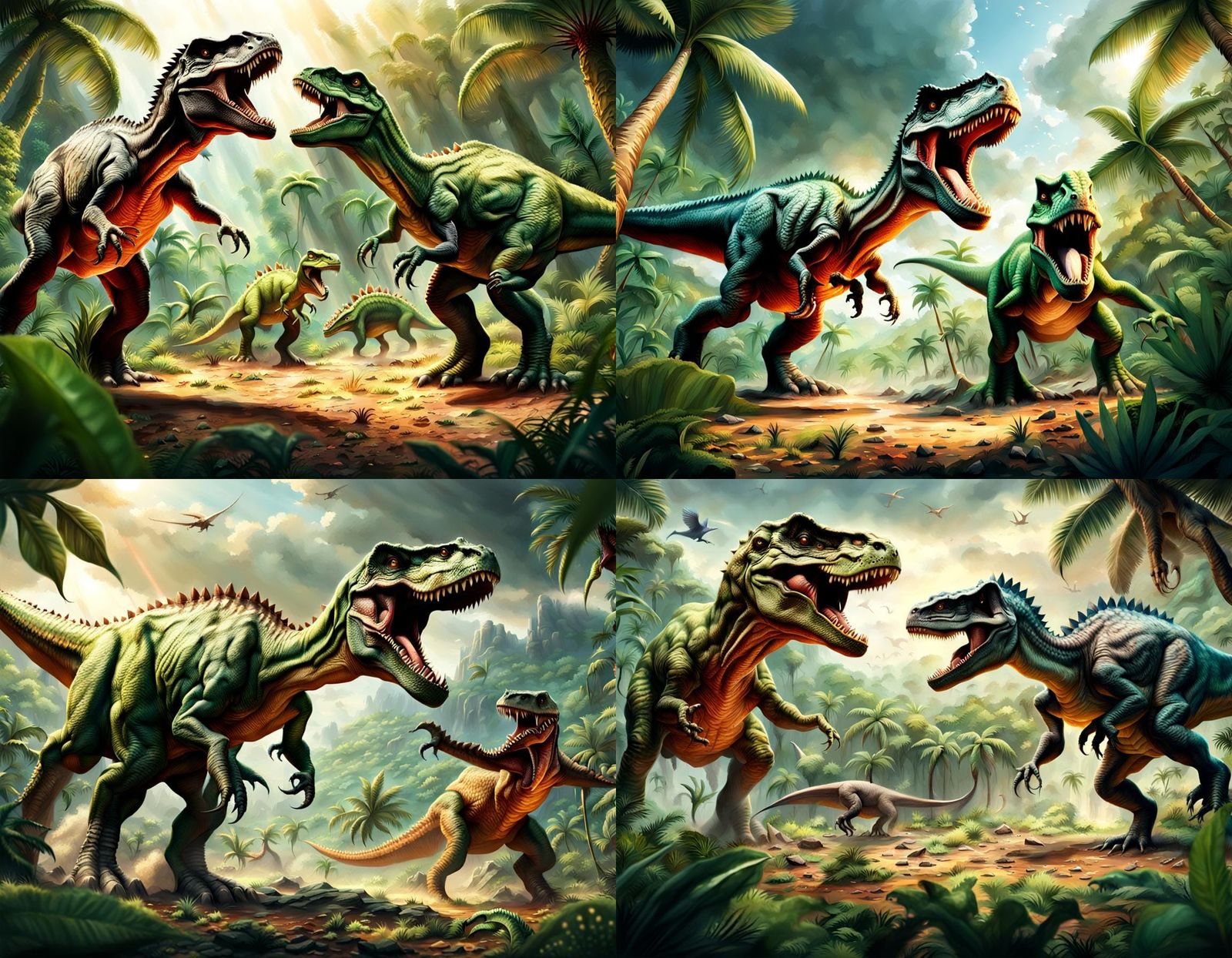 Dinosaur Battle in Prehistoric Jungle Scene
