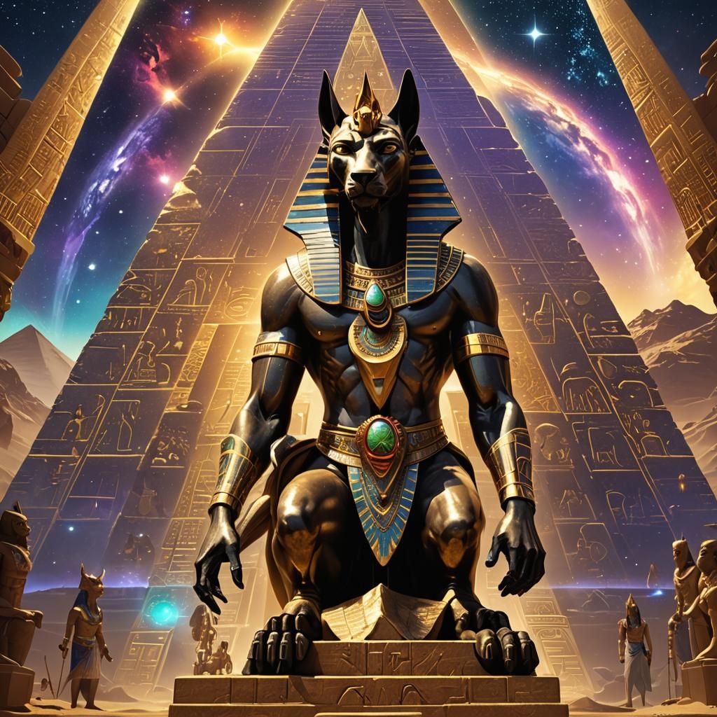Anubis Between Golden Sphinxes with Crystal Pyramid