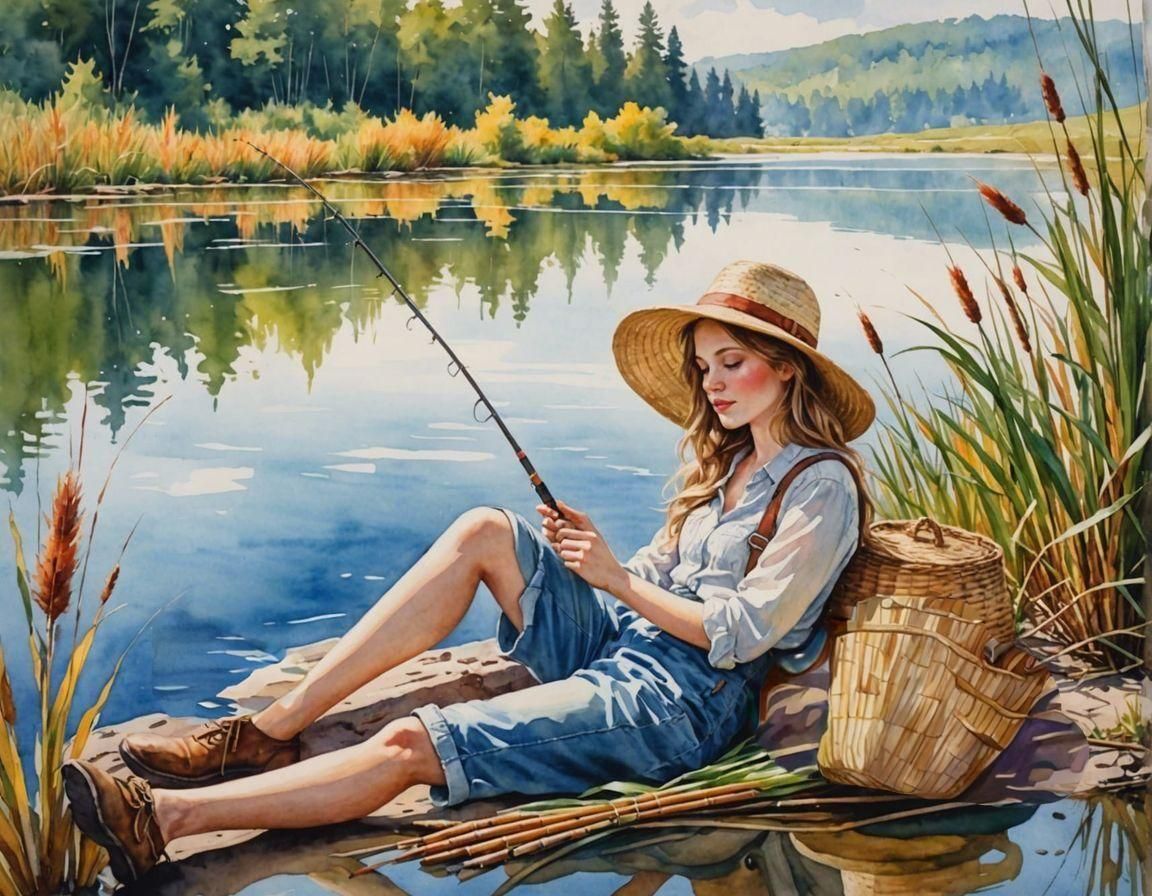 Girl Fishing on Lake Shore in Watercolor