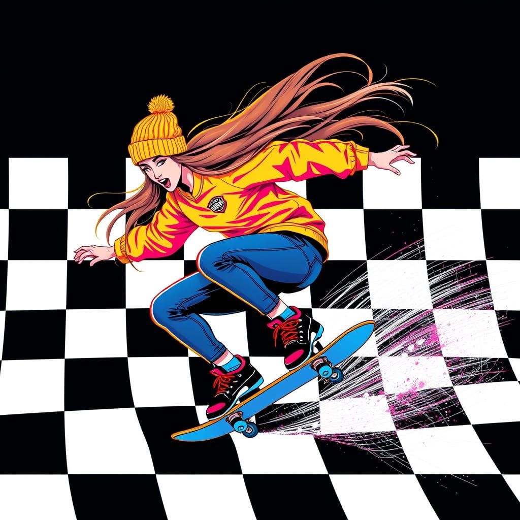 Dynamic Female Skater with Checkered Background