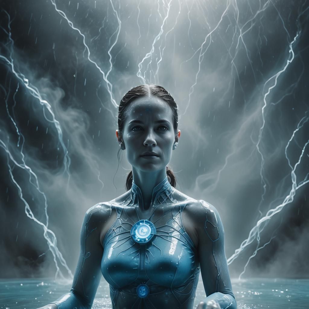 Hyperrealistic Female Dr. Manhattan Portrait in Energy Aura