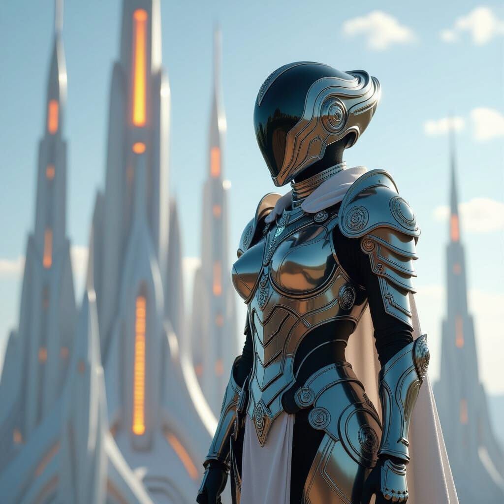 Cleric in Metallic Armor Before Ethereal Structures