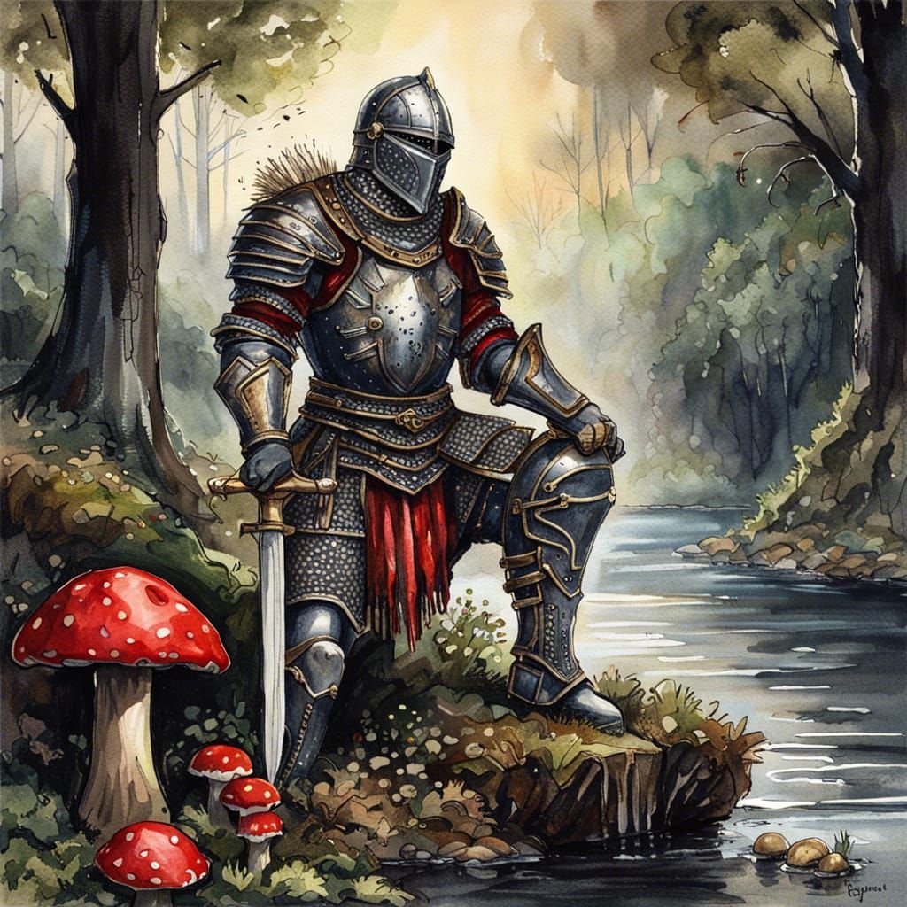 Dark Souls Knight with Iron Sword, Watercolor Style