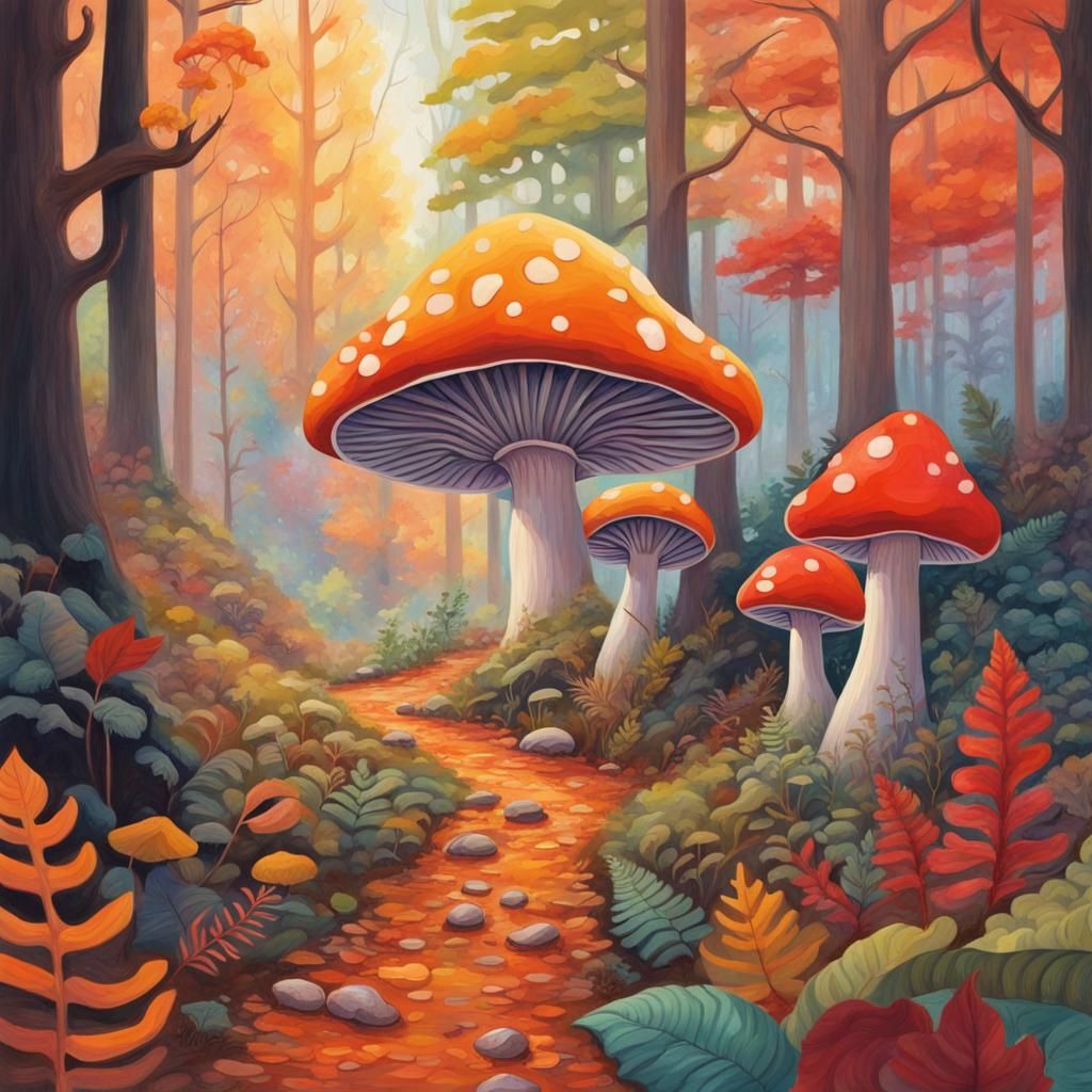 Elf Girl in a Vibrant Fantasy Mushroom Forest Gouache Painti...