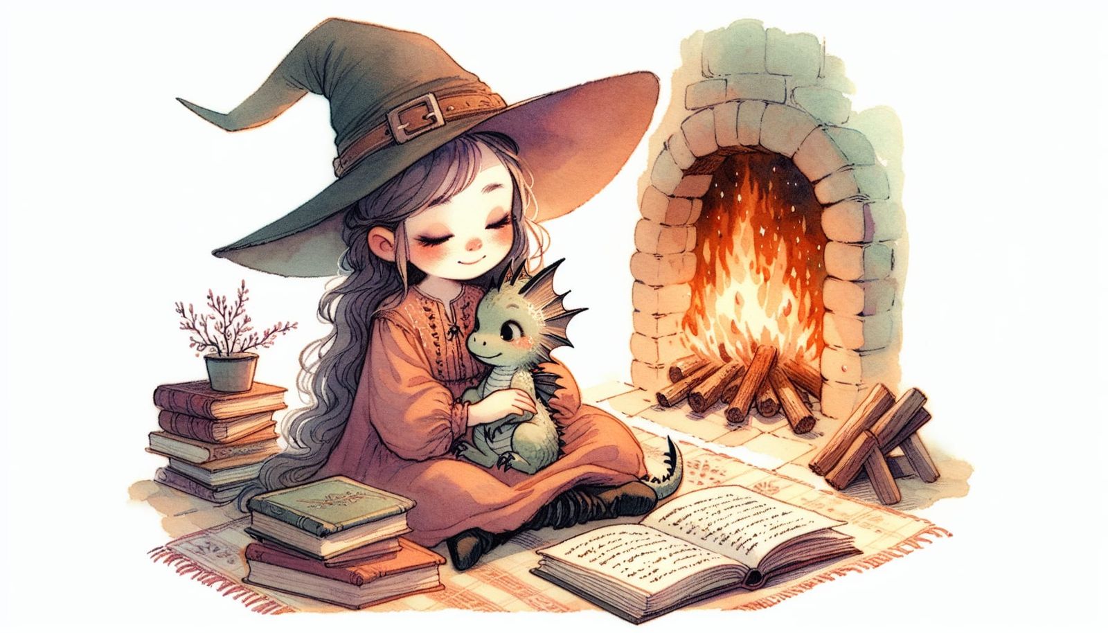 Whimsical Hearthside Scene of Young Witch and Dragon