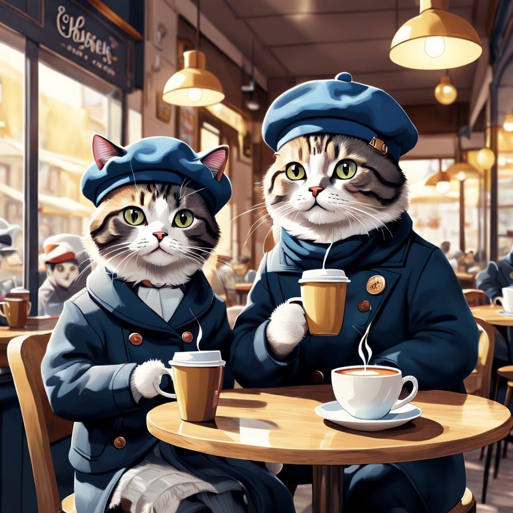 Cute Cats Sip Coffee in French Cafe Animated Style
