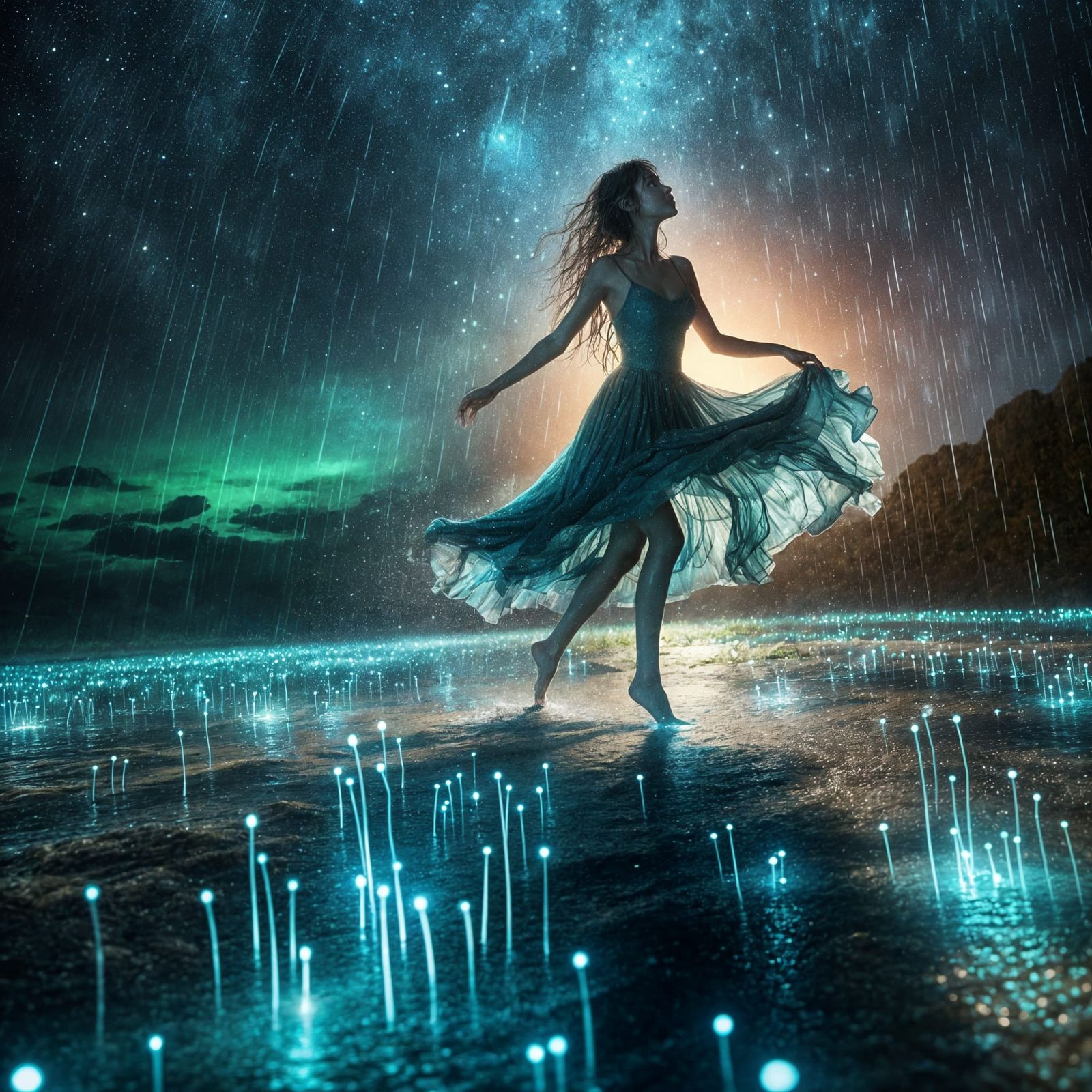 Woman Dancing in Bioluminescent Rain