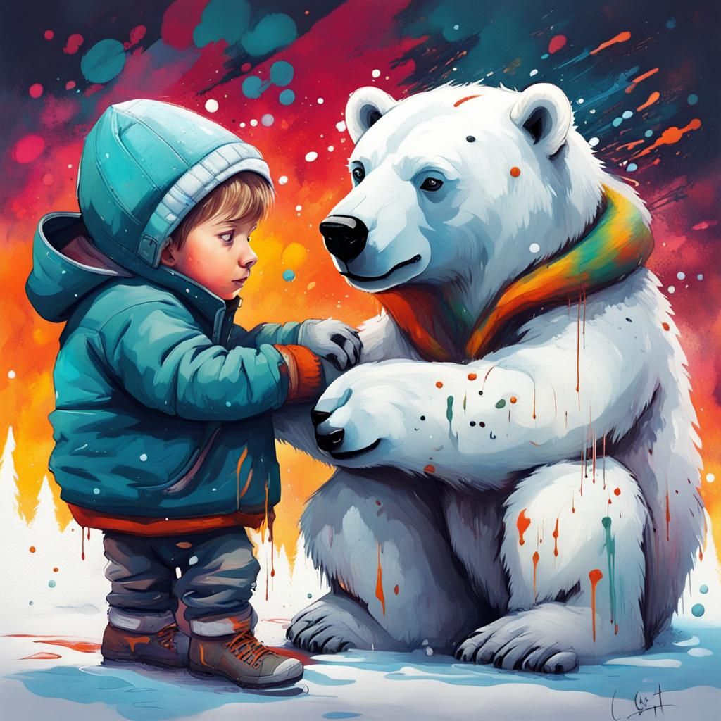 Heartwarming Graffiti Art: Polar Bear and Eskimo Boy