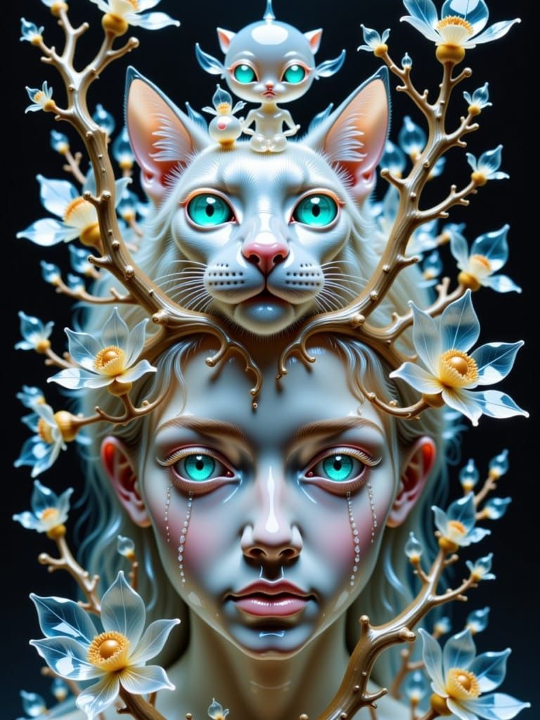 Surreal Transparent Crystal Goddess with Evil Cat Overlord