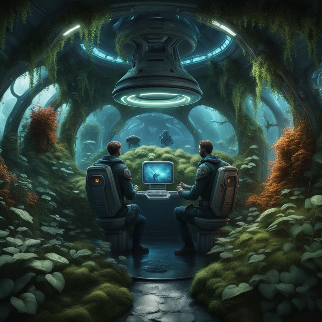 Scottish Men in a Lush Spaceship: Fantasy Concept Art