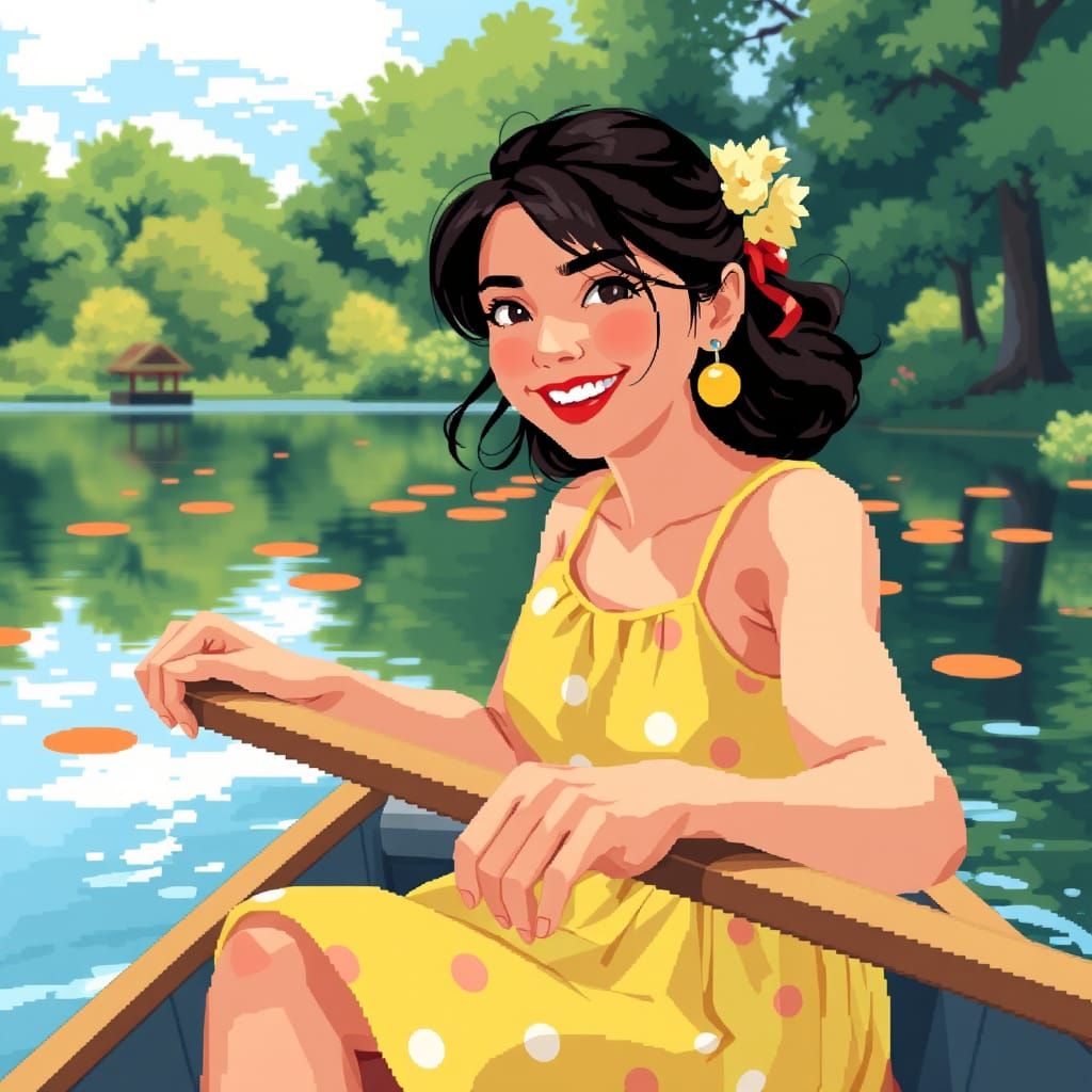 Woman Rowing Boat in Pixel Art Style