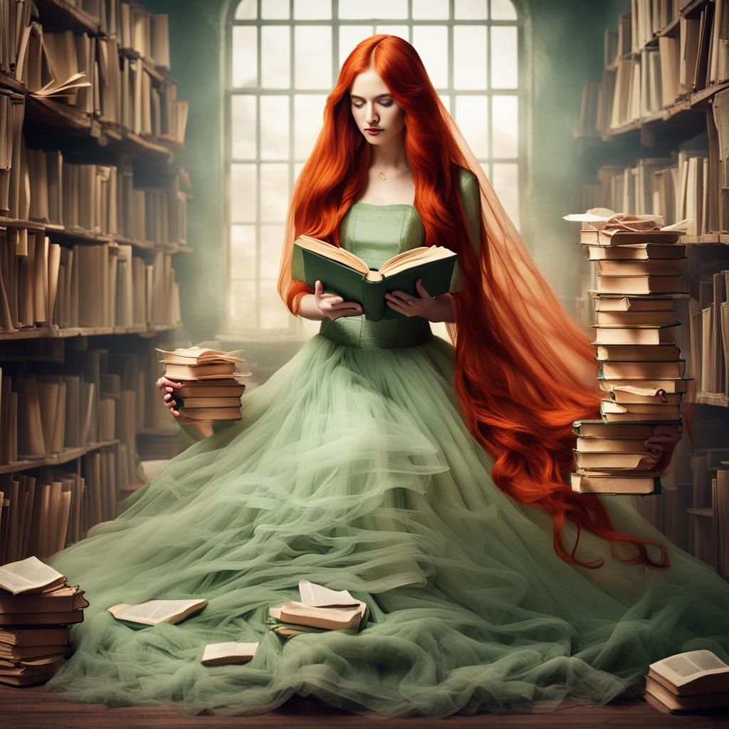 Girl with Fiery Hair and Dress of Books