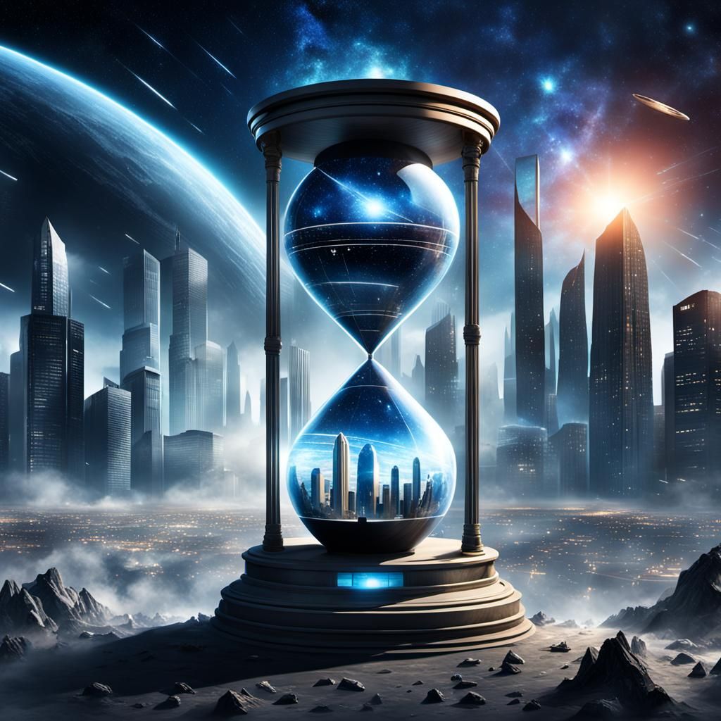 Futuristic Timeglass in Dystopian Cityscape