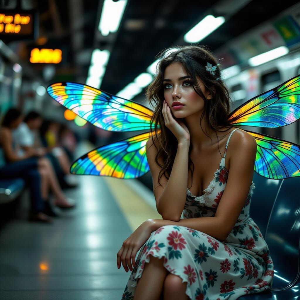 Woman with Dragonfly Wings on Subway Platform