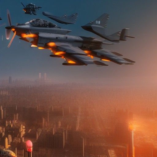 Military Aircraft Soaring Over City: Detailed Matte Painting