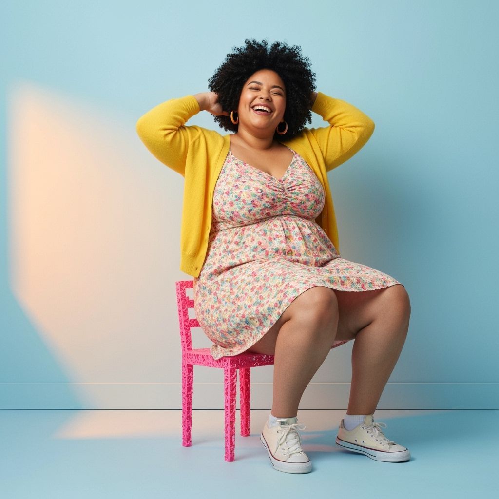 Woman on Tiny Chair, Whimsical Art Style