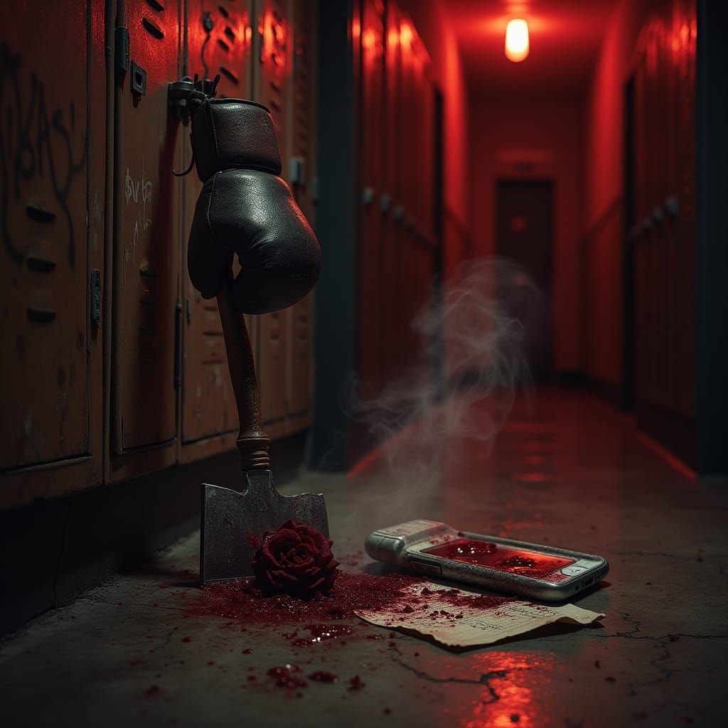 Dark Red High School Hallway with Tattered Boxing Glove and ...