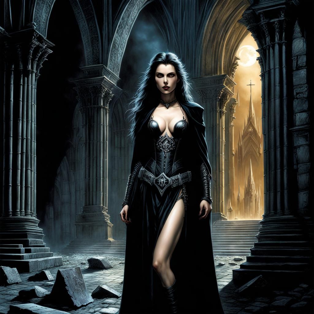 Erotic Vampire in Moonlit Ruins, Hyperrealistic Dark Fantasy