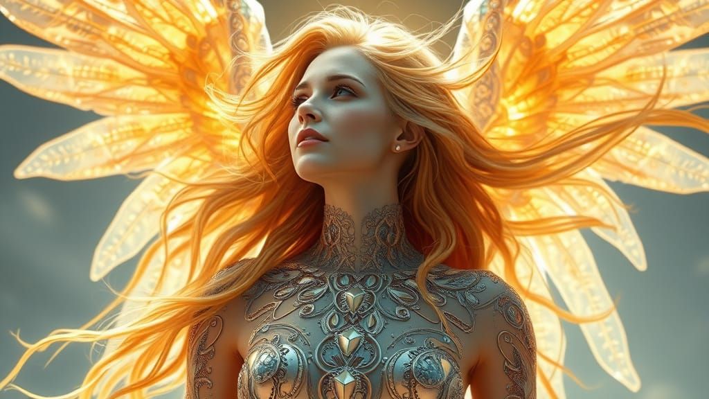 Radiant Angelic Being with Golden Hair and Silver Wings