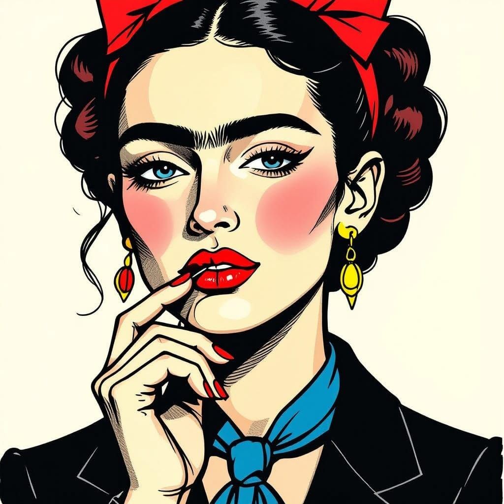 Woman with Red Lips in Expressive Ink Outline