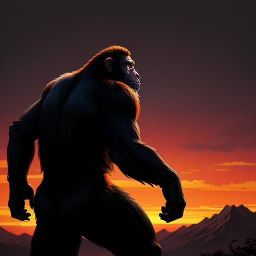 Ape Silhouette Against Vibrant Sunset Digital Painting