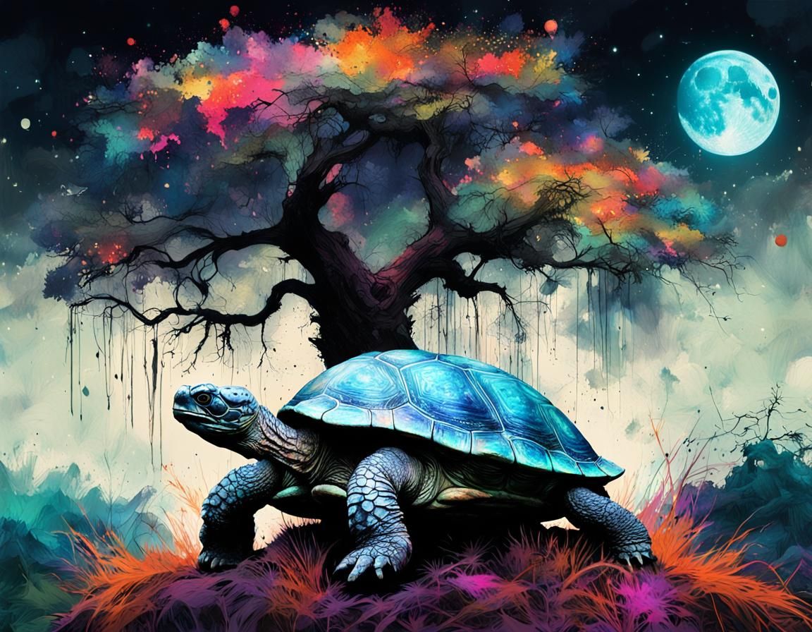Giant Turtle in Glowing Swamp: Ink Splatter Art