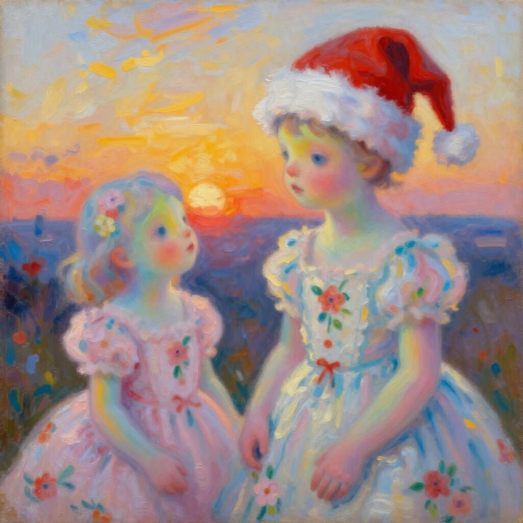 Surreal Creature in Santa Hat Under Sunset, Impressionist Oi...