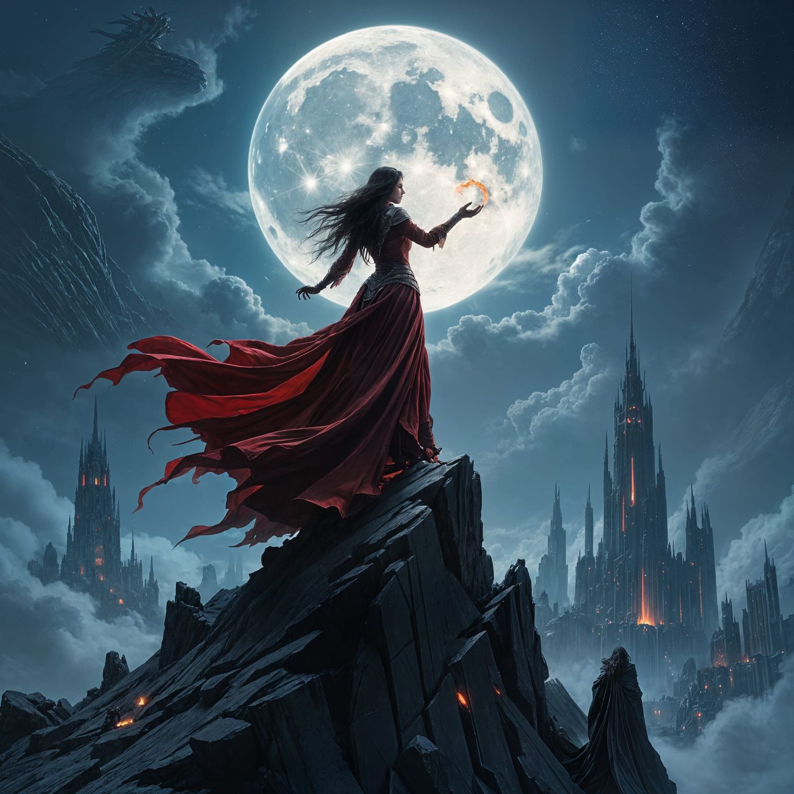 Sorceress on Obsidian Peak Overlooking Ruined City