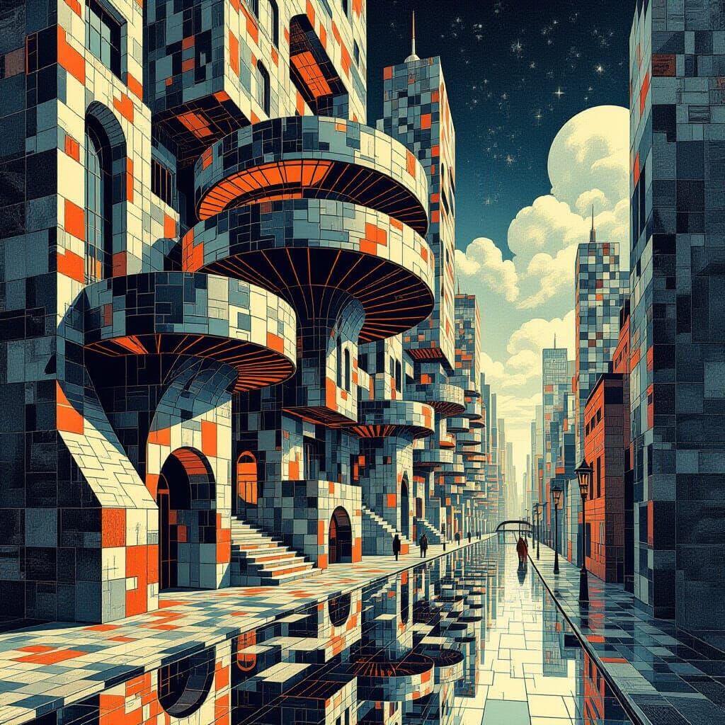 M.C. Escher..Spiral shelf Futuristic paradoxical art woodcut...