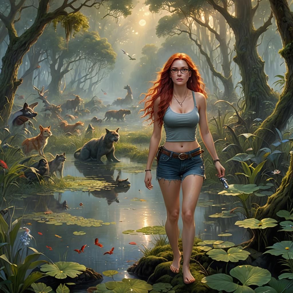 Alluring Woman in Swamp Surrounded by Magical Creatures