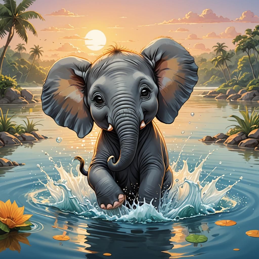 Kawaii Baby Elephant's Carefree Water Play Illustration