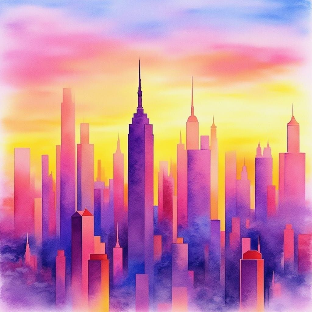 Watercolour Skyscraper Cityscape at Golden Hour
