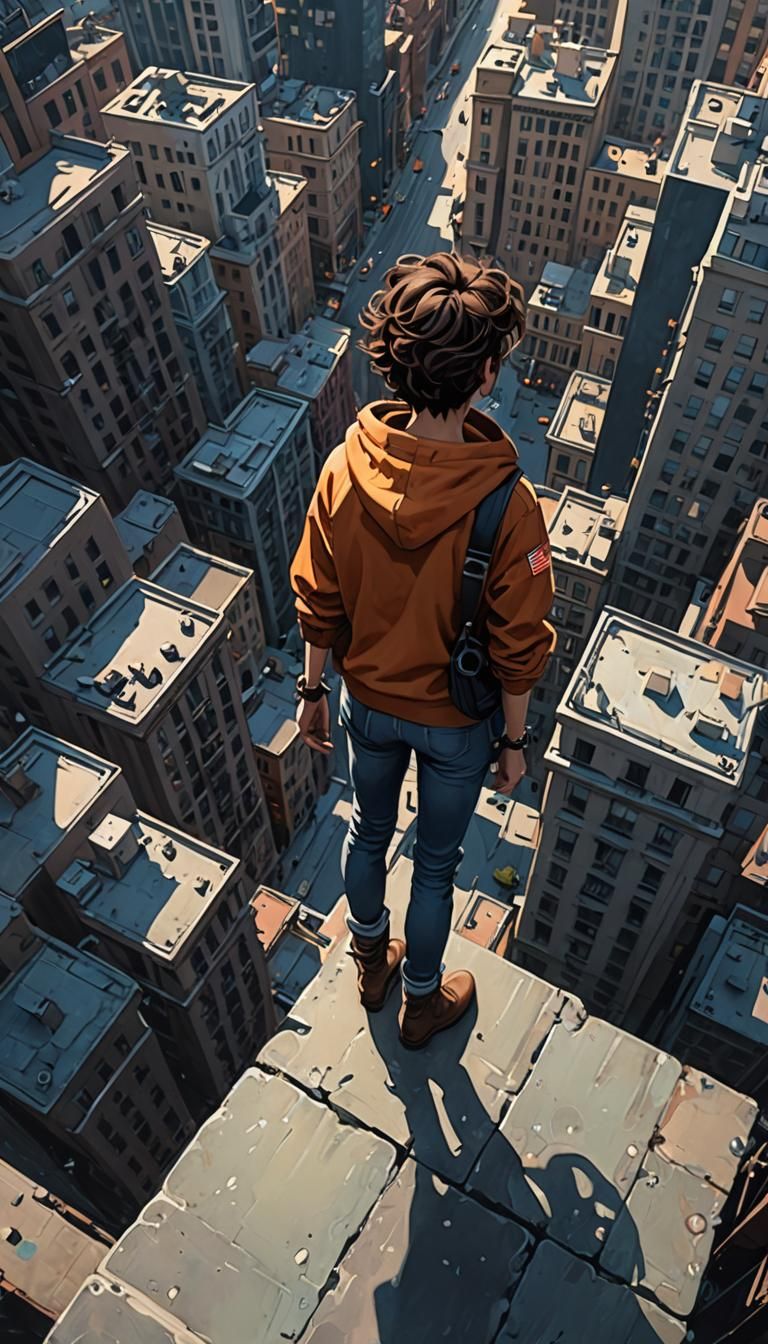 Acrophobic Figure on a Ledge in Cel-Shading