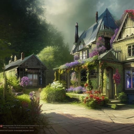 Gothic Cottagecore Crystal Shop in Lush Flower Garden