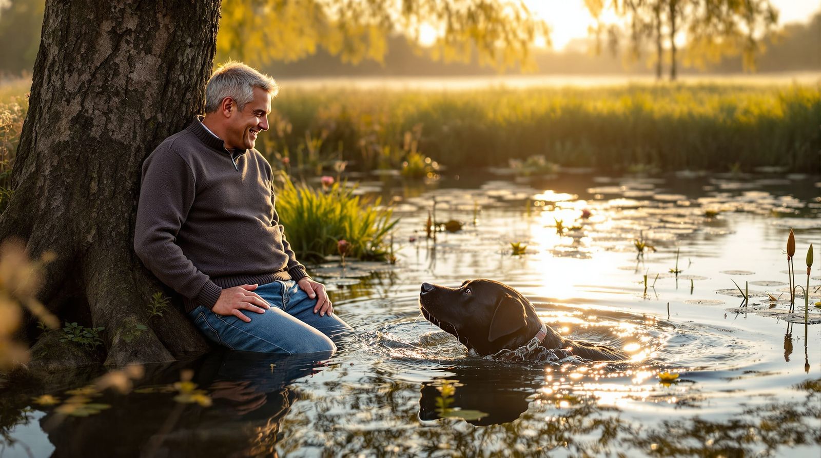 Man and Dog Enjoying a Peaceful Morning by the Pond