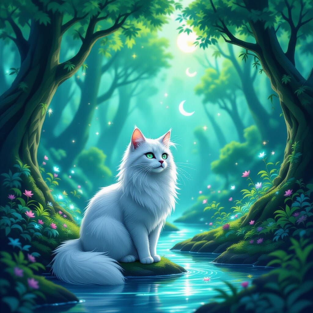 Silver Cat in Shimmering Forest Discovers Star Realm
