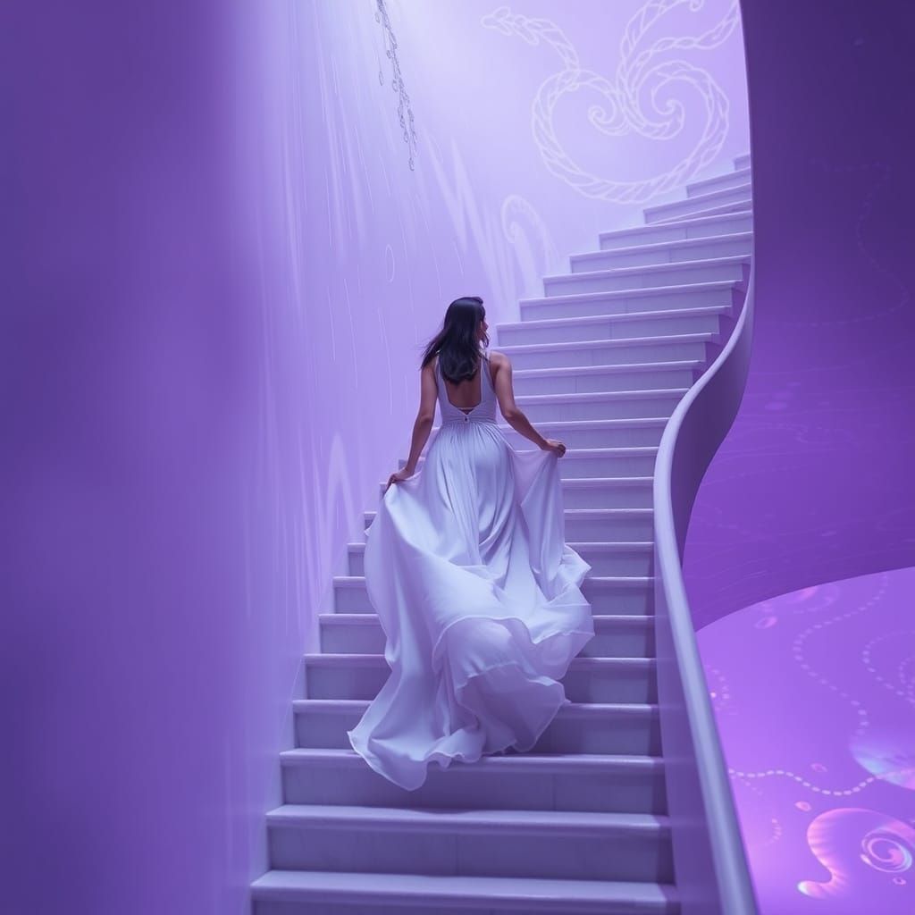 Dreamy Ocean Staircase Scene in Whimsical Art Style