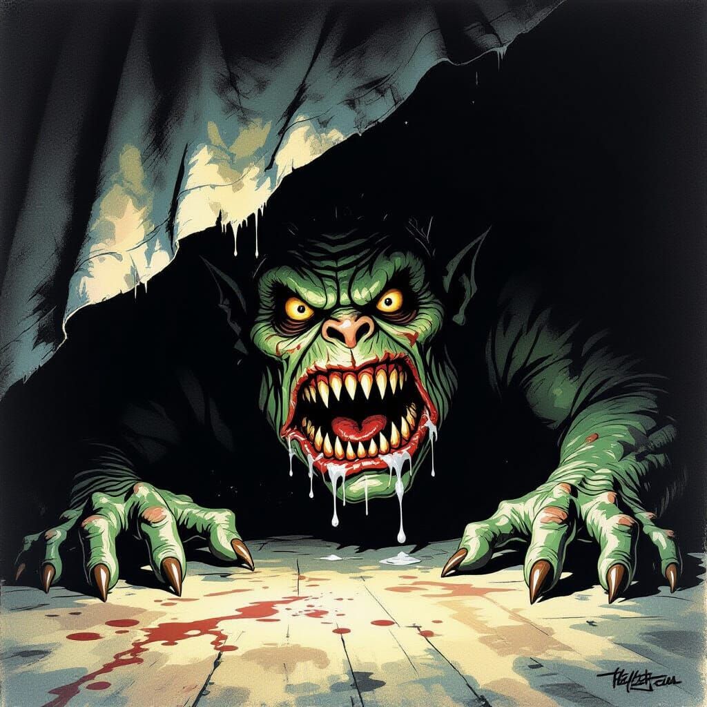 Hideous Monster Lurks Under Bed in Horror Poster Style