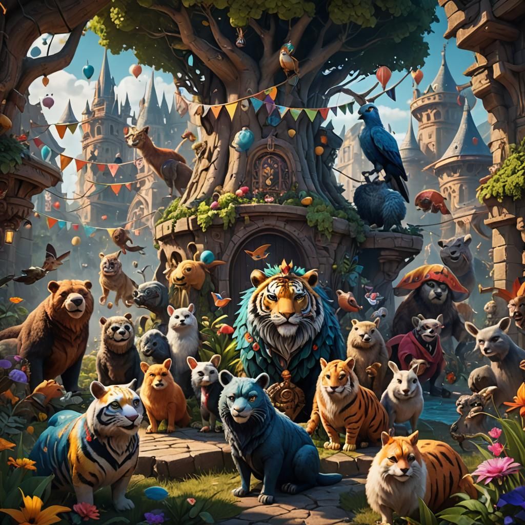 Fantastical Animal Party in Detailed Matte Painting