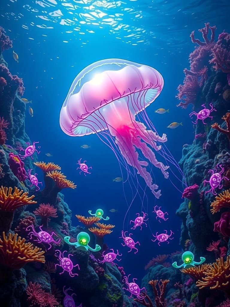 Surreal Dreamscape with Luminous Jellyfish in Vibrant Coral ...