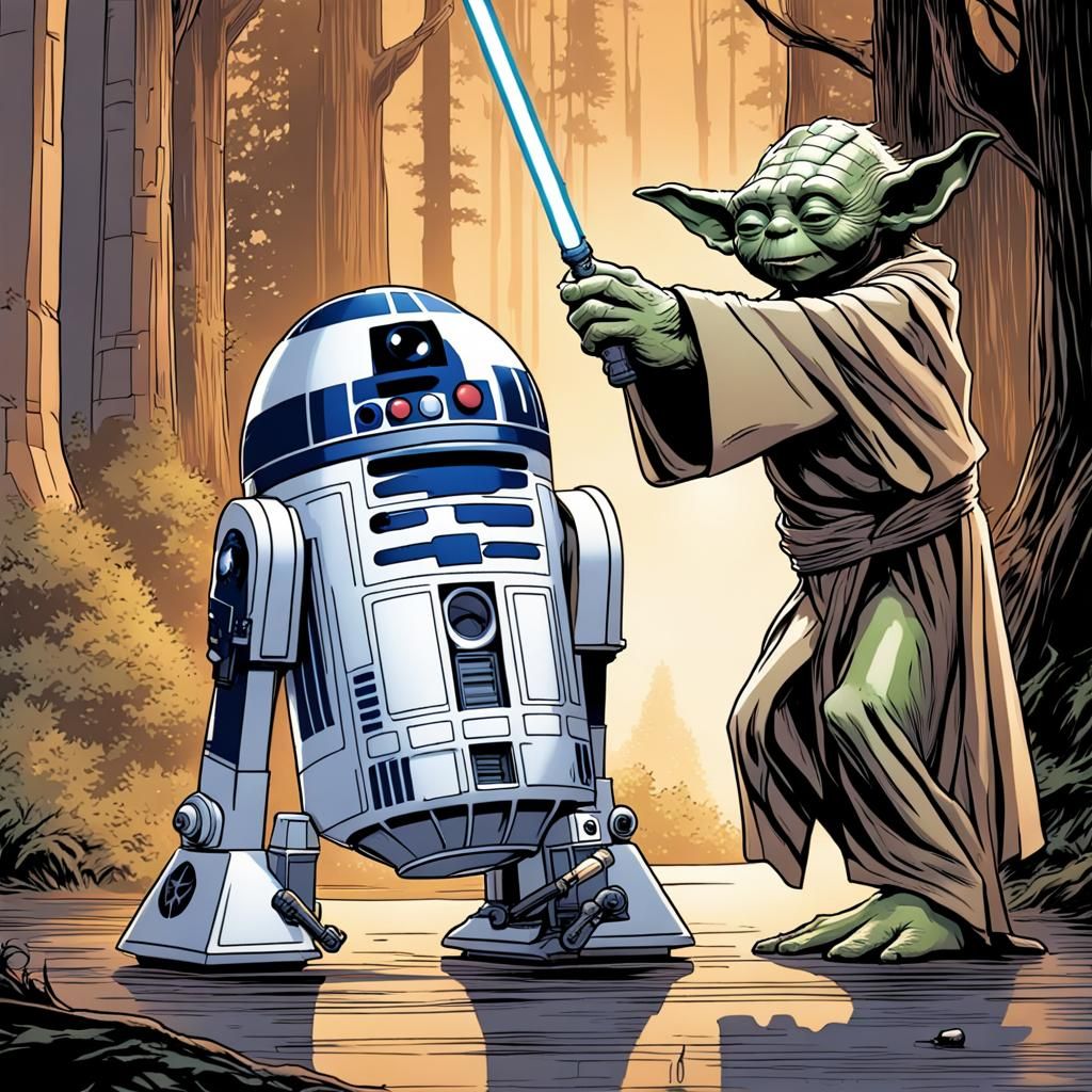 Yoda Hits R2D2: Comic Book Style Art