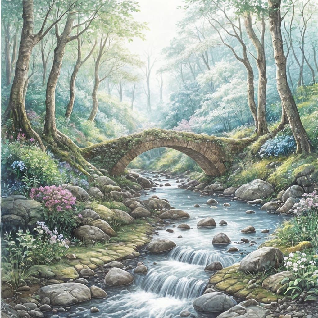 Watercolor Brook with Forest, Flowers, and Bridge