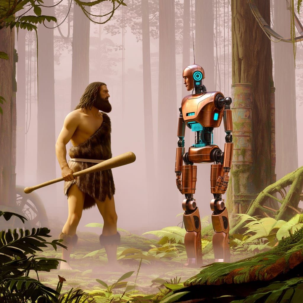 Caveman Meets Retro Robot in Ancient Woods