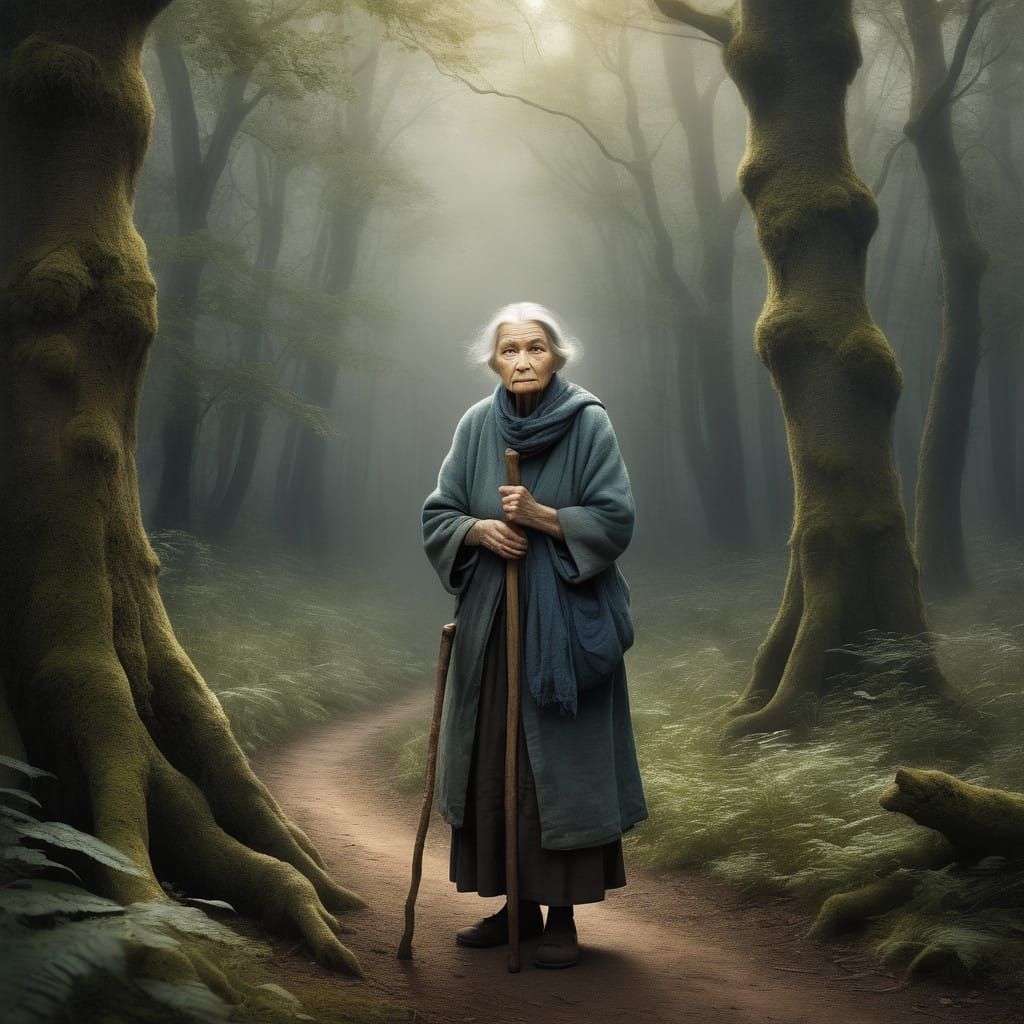 Serene Forest Encounter in Rustic Impressionist Style