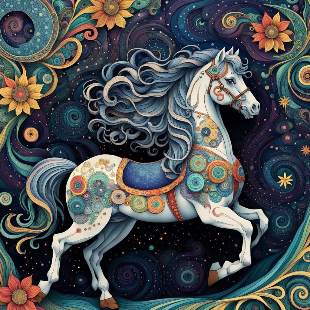 Zentangle Carousel Horse in Van Gogh Style