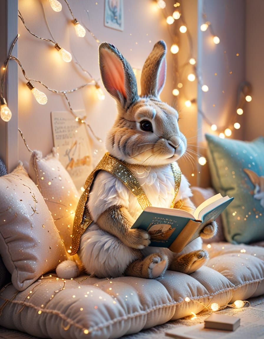 Rabbit Reading in Whimsical Pastel Nook