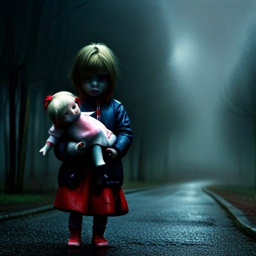 Red-Eyed Creature in Rain with Girl: Digital Illustration